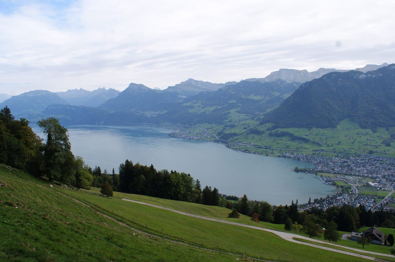 Lake Lucerne at Buochs and Ennetbürgen, with pastures and mountains